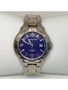 Geoffrey Beene vintage Quartz Watch date Men 39mm Silver tone dial 7.5” running